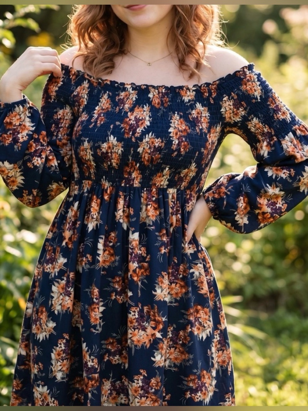 ☀️ Altar’d State • Navy Floral Off-Shoulder Smocked Mini Dress • Women’s Medium